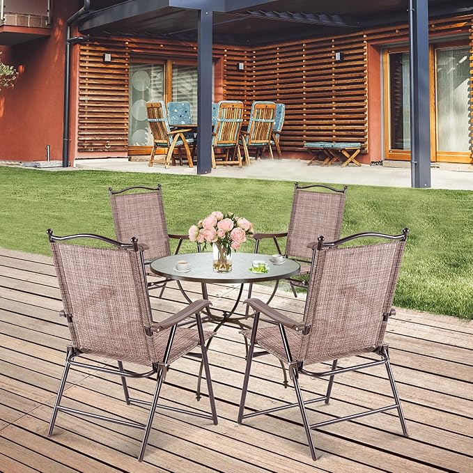 Tangkula Set of 2 Patio Folding Dining Chairs, Outdoor Sling Lawn Chairs with Armrests, Steel Frame, Portable Camping Lounge Chairs for Backyard, Deck, Poolside and Garden, No Assembly (1, Brown)