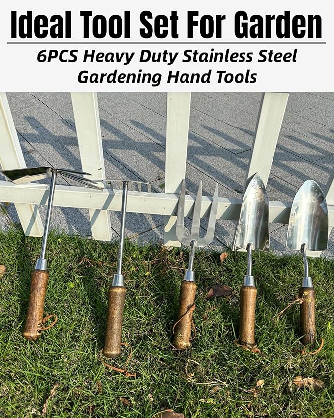 Garden Tool Set, 6PCS Heavy Duty Stainless Steel Gardening Hand Tools with Ropes, Includes Hand Cultivator Shovel Trowel Transplanter 2-in-1 Hoe Pruner, Ideal Gardening Gifts for Women Men (Classic)