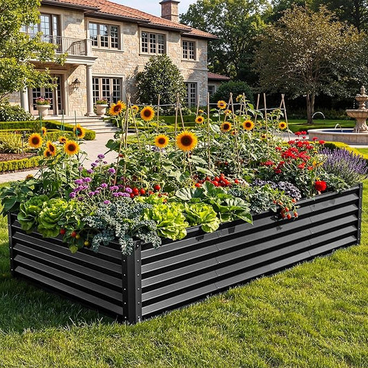 YITAHOME 8x4x1.5ft Large Raised Garden Bed Kit, Galvanized Metal Planter Box with Gloves, Ground Nails & Safety Rubber, Outdoor Above Ground Planters for Plants Vegetables Flowers, Black
