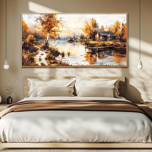QIYILEXWART Canvas Wall Art For Living Room Large Wall Decor For Office Bedroom Decorations Lakeside Cabins Autumn Landscape Pictures Farmhouse Painting Artwork Room Wall Mural Home Decor 30x60 In