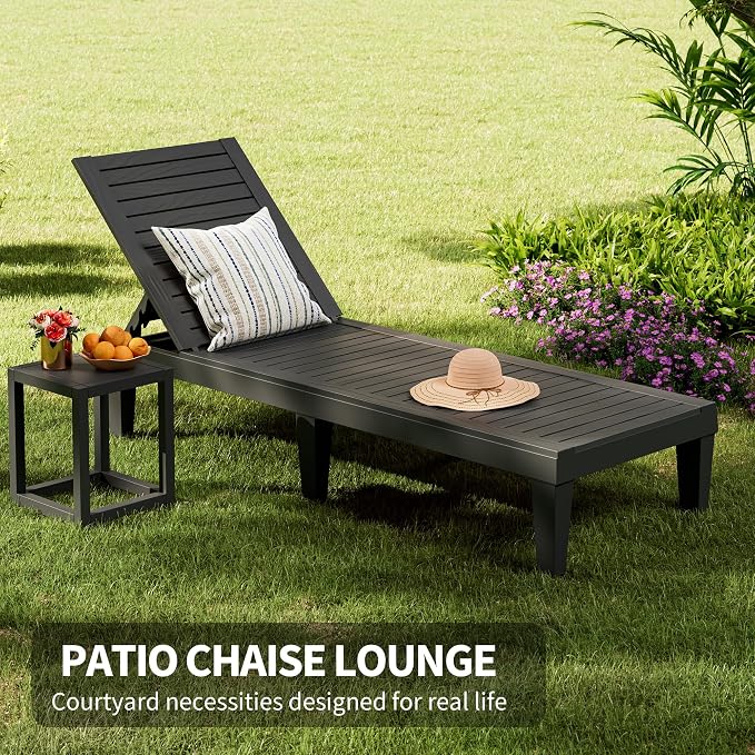 Outdoor Chaise Lounge Chairs Set of 6, 5-Position Adjustable Tanning Lounge Chairs with Wood Texture, All-Weather Resin Patio Lounge Chair for Pool, Garden, Deck, Beach, Striped Black