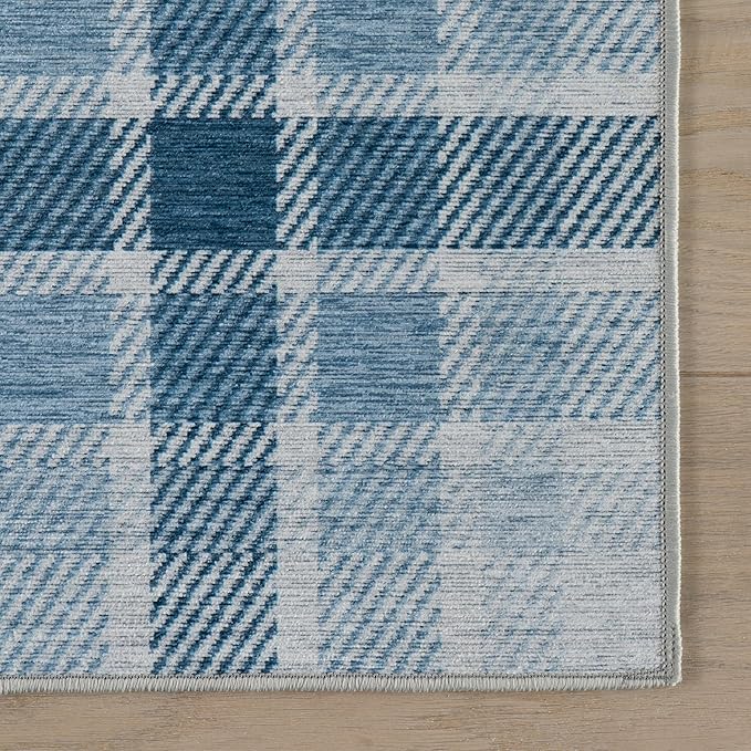 Dash & Albert Andri Plaid Blue Machine Washable Rug, Runner-2.5 X 8 Feet, Blue/White Plaid Pattern