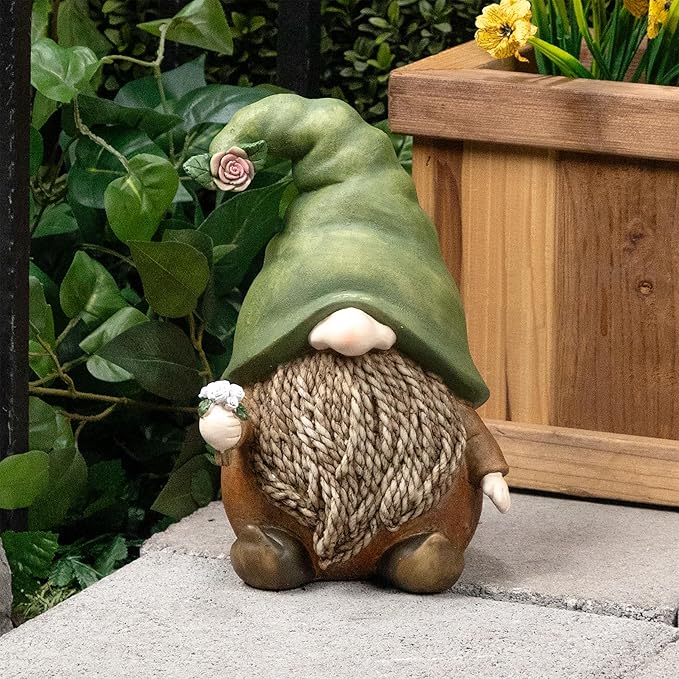Alpine Corporation 10" Tall Outdoor Green Hat Gnome Statue, Offering Flower Sculpture Gift for Family, Weatherproof Garden Decor
