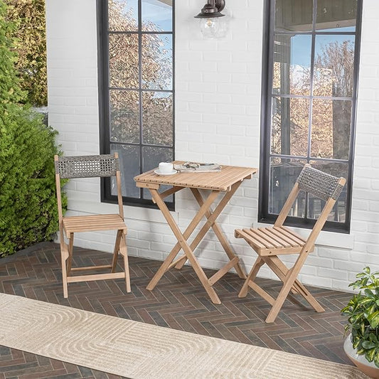 JONATHAN Y DNG2004A-3SET Sitges Modern Mid-Century 3-Piece Roped Acacia Wood Outdoor Folding Bistro Set, Coastal, Traditional, Transitional, Rustic, Bohemian Gray/Light Teak