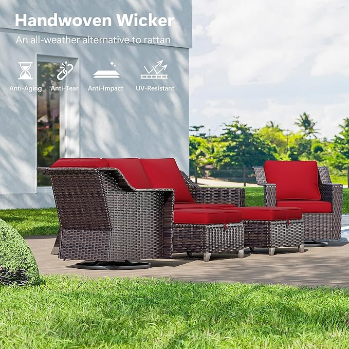 8 Pieces Wicker Patio Furniture, Luxury Outdoor Furniture with 2 Patio Swivel Chair, 2 Patio Chair, 3-Seater Sofa, 2 Patio Ottoman and 1 Side Table, Wide Armrest, Thickened Cushions