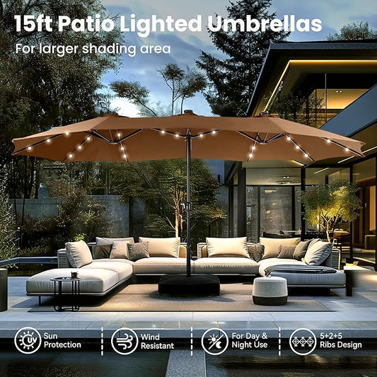 PHI VILLA 15ft Large Patio Umbrella with Solar Lights, Double-Sided Outdoor Market Rectangle Umbrellas with 36 LED Lights, Umbrella Base (Stand) Included, Maillard Brown