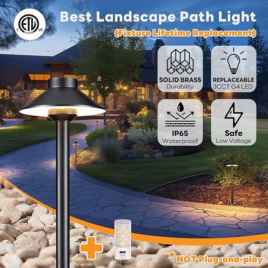 Gardenreet Low Voltage Landscape Lighting Brass, Warm & Neutral White Adjustable 12v Pathway Lights Waterproof, Black Path Light for Outdoor Exterior Area Patio House with 3W 270LM G4 Bulb (6 Pack)