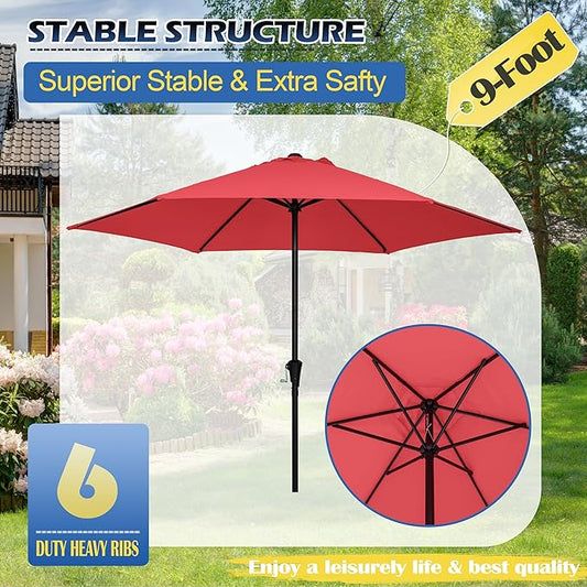 Sunnyglade 9FT Outdoor Patio Umbrella, Market & Table Umbrella with 6 Sturdy Ribs and Crank System, Fade-resistant & Waterproof for Garden Backyard Poolside Deck