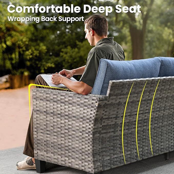 ovios 9 Pieces Patio Furniture Set, Outdoor Wicker Sofa Couch with Rocking Swivel Chairs Fire Pit Table, Modern Deep Seat Rattan Conversation Sets for Porch Deck, Denim Blue