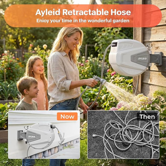 Ayleid Retractable Rubber Hybrid Garden Hose Reel, 1/2"x100ft Wall Mount | Anti-freeze, kink-free premium rubber hybrid hose, 24-month warranty, 9-pattern sprayer, any-length lock, slow auto-return.