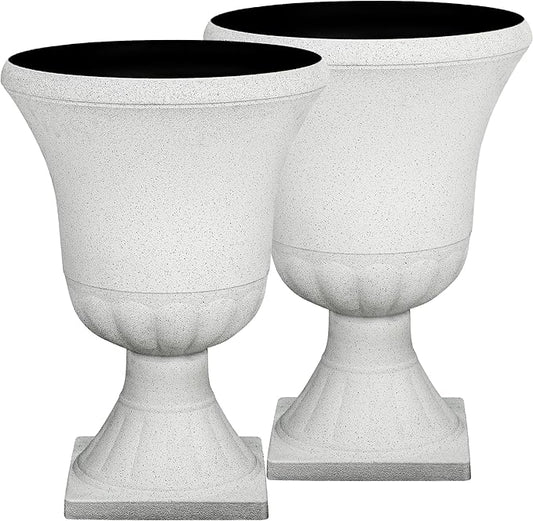 22" H Urn Tall Planters, 2-Pack Large Flower Pots for Indoor Outdoor Use, Elegant White Terrazzo Weather-Resistant Pot Containers for Garden Patio Yard Balcony Entryway or Home Décor, KD Base