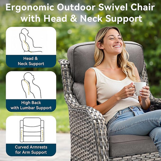 Luxury High Back Outdoor Furniture with 6-Inch Thick Cushions, Patio Furniture Set with Swivel Chairs, 6 PCS Wicker Conversation Set for Porch, Balcony, Deck and Yard