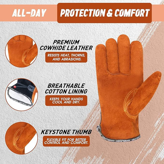 HLDD HANDLANDY 2 Pairs Leather Work Gloves for Men & Women, Reinforced Durable Palm for Welding, Farm, Gardening, Driving