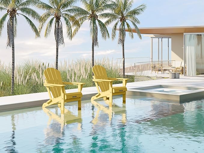 MUCHENGHY Folding Adirondack Chairs Set of 4, Patio Chairs, Lawn Chairs, Outdoor Chair, Adirondack Chair Plastic, Fire Pit, Weather Resistant with Cup Holder for Deck, Backyard, Garden(Olive Yellow)