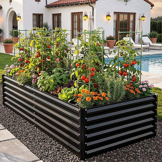YITAHOME 2pcs 8x4x2ft Galvanized Raised Garden Bed with Tomato Cages, Galvanized Planter Box with Tomato Trellis, Gloves, Support Rod, Outdoor Flower Bed for Climbing Plants, Vegetables, Flower, Black