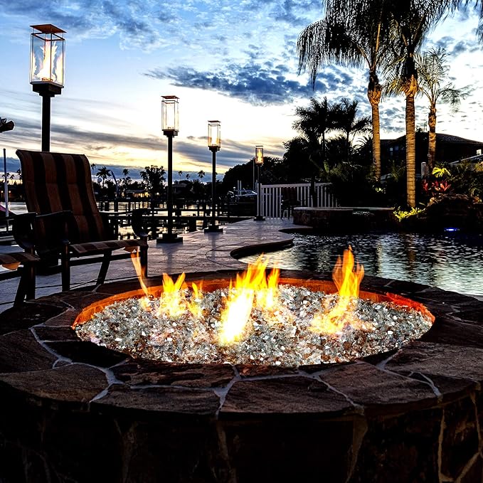 Mr. Fireglass Blended Reflective Fire Glass for Fire Pit Fireplace and Landscaping, 10 Pounds 1/4 Inch Mixed Colored High Luster Fireglass Rocks for Outdoor and Indoor Use Aqua Blue+Copper+Platinum