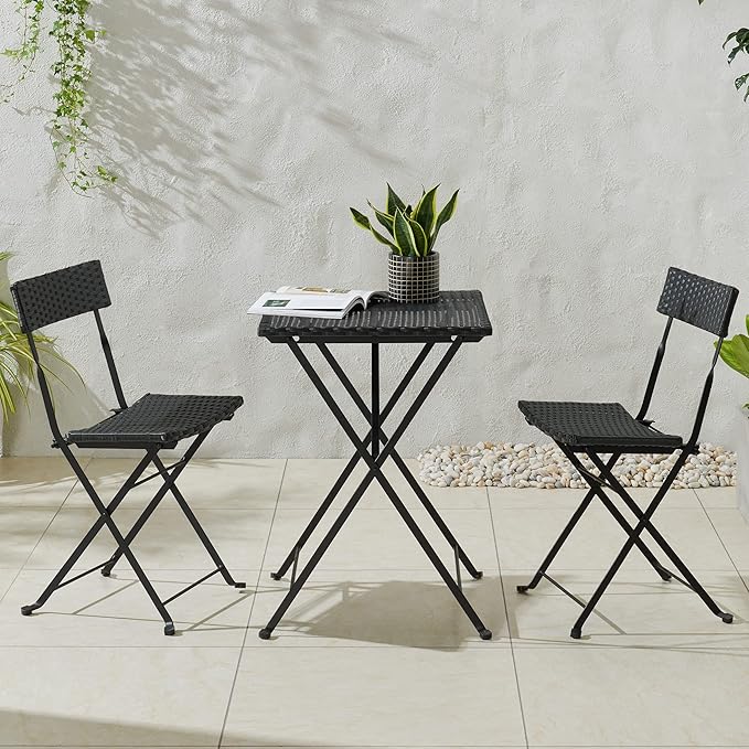 Lavish Home Folding Patio Bistro Set – 3-Piece Rattan and Steel Café Table and Chairs for Porch, Deck, Garden, or Balcony Furniture (Black)