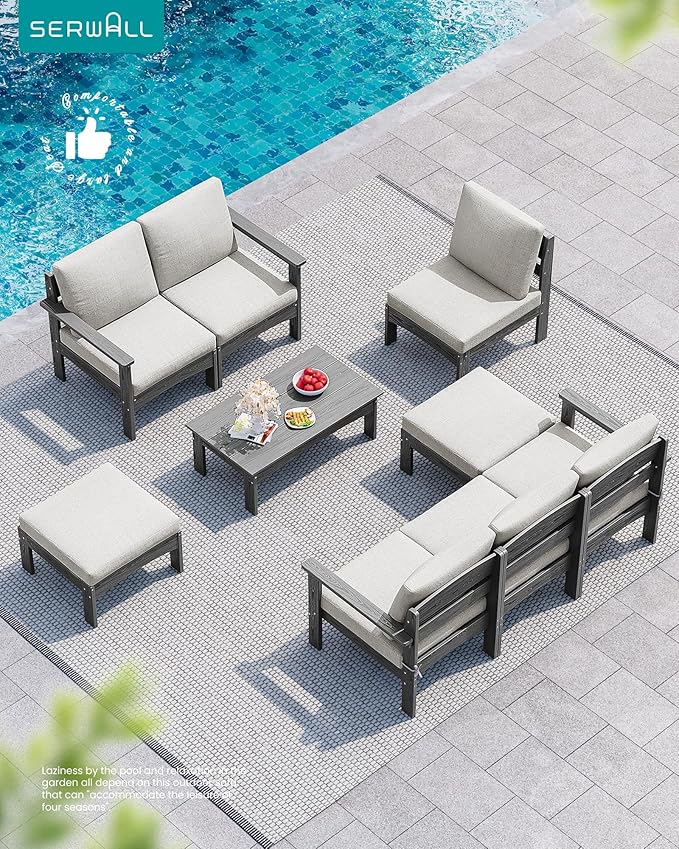 SERWALL 5-Piece Patio Sofas with 15FT Double Side Patio Umbrella, All-Weather HDPE Outdoor Sectional Sofa, Large Modular Patio Conversation Set for Garden, Deck, Porch, Grey Frame with Khaki Cushion