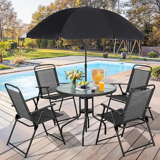 Vongrasig 6 Piece Folding Patio Dining Set,Small Metal Outdoor Garden Patio Table and Chair Set w/Umbrella for Lawn,Deck,Backyard,Black