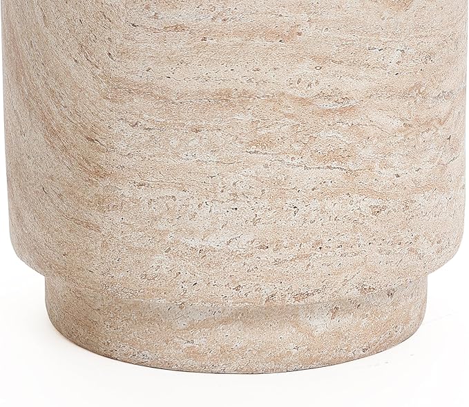 LuxenHome Outdoor Side Table, 18'' Travertine-Style Round Textured Cement Accent End Table, Outdoor Furniture for Patio Balcony Porch, Garden Stool for Backyard Lawn