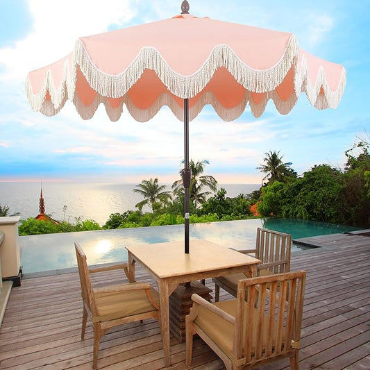 JONATHAN Y UMB1001 Collins 9 ft. Classic Cottage Tassel Market Patio Umbrella with Auto-Tilt, Crank, Wind Vent and UV Protection