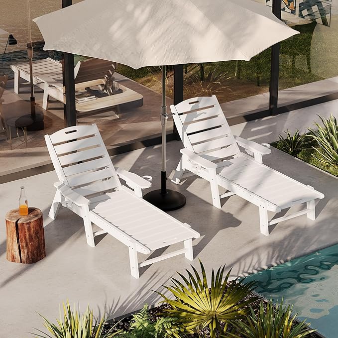 PeakPursuit Patio HDPE Chaise Lounge, Oversize 5-Position Lounge Chair with Cup Holder, Resin Pool Lounger Chair for Outside