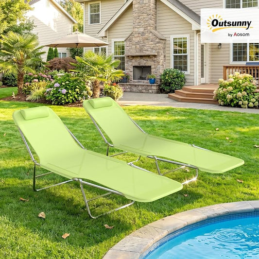 Outsunny Folding Chaise Lounge Pool Chair Set of 2, Outdoor Sun Tanning Chairs with Pillow, Reclining Back, Steel Frame & Breathable Mesh for Beach, Yard, Patio, Green