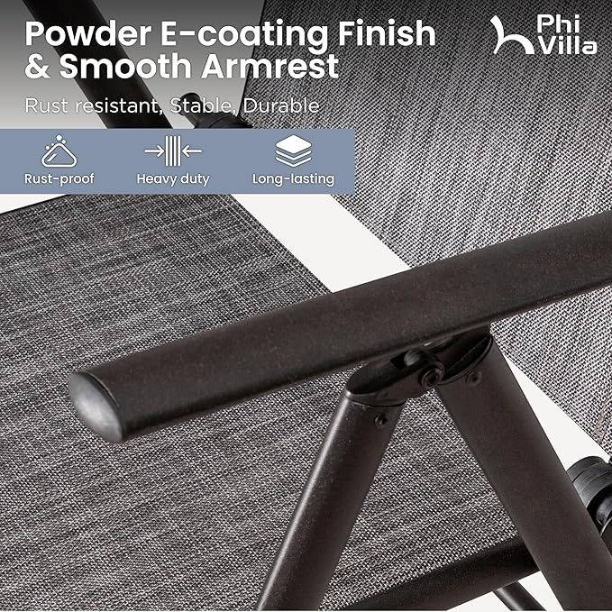 PHI VILLA Outdoor Patio Folding Chairs Set of 6, Portable Patio Dining Chairs with Adjustable Backrest for Outside, Garden, Lawn & Yard, No Assembly, Grey