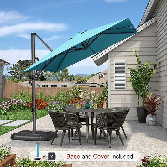 PURPLE LEAF 8'×8' Patio Cantilever Umbrella with Base Included Offset Outdoor Umbrella with cover Square umbrella outdoor patios for Backyard Pool Garden Turquoise Blue