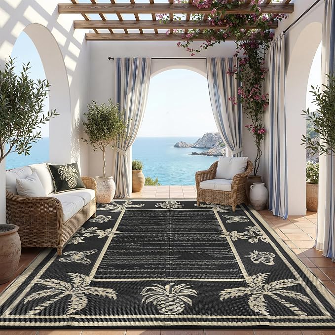 Garvee Outdoor Rug 8x10 Waterproof for Patios, Reversible Plastic Straw Rug, Tropical Leaf Indoor Outdoor Rugs, Large Area Rug for RV, Camping, Deck, Picnic Mat, Outside Carpet