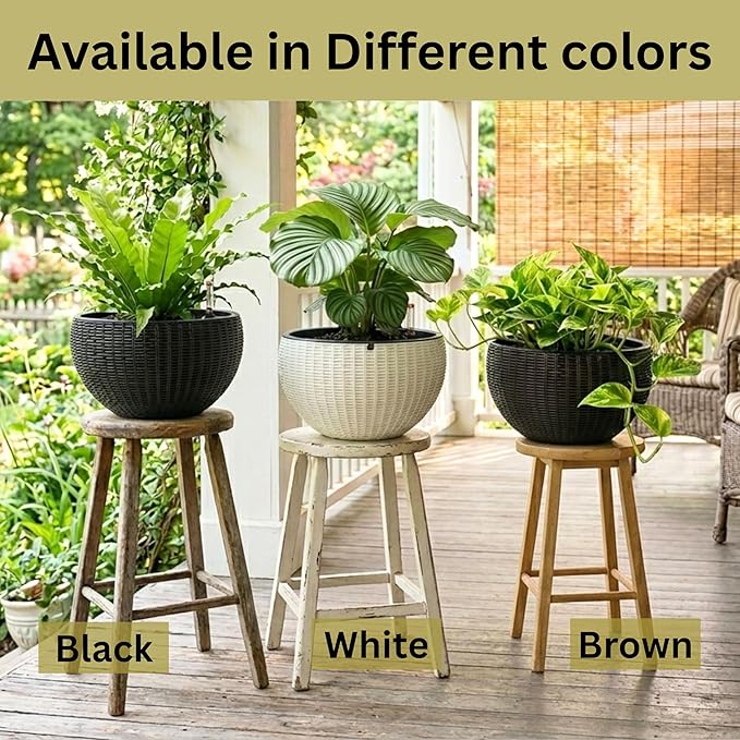 LaLaGreen Indoor Hanging Planters (11 Inch, 2 Pack) Self-Watering Hanging Basket with Water Level Indicator, Black Metal Chain Rattan Style Round Flower Pot for Deck Porch Garden Balcony Outdoor Decor