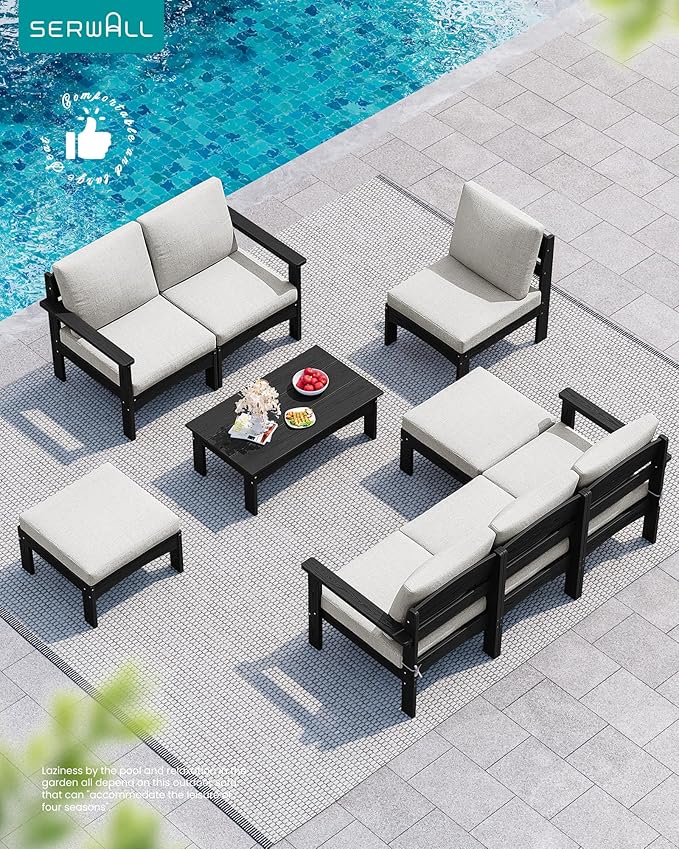 SERWALL 9 Pieces Patio Furniture Set with 15FT Double Side Patio Umbrella, HDPE Outdoor Sectional Sofas, Outdoor Couch Set, Large Modular Conversation Set for Garden, Black Frame with Khaki Cushion