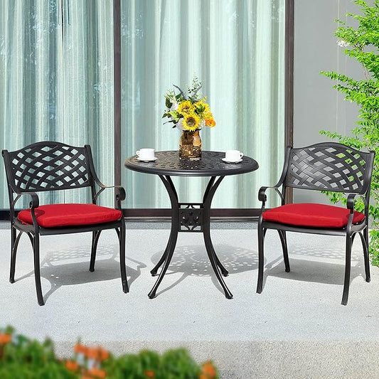 NUU GARDEN 3 Pieces Outdoor Patio Bistro Set, Cast Aluminum Patio Set with Umbrella Hole All-Weather Small Patio Table and Chairs with Red Cushions for Balcony, Patio, Black & Gold Point