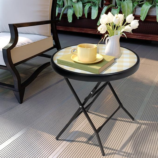 Foldable Patio Side Tables, 17.7" Small End Table Outdoor Weatherproof, Round Glass Top Outside Folding Table for Poolside, Balcony, Yard, Porch(Yellow)