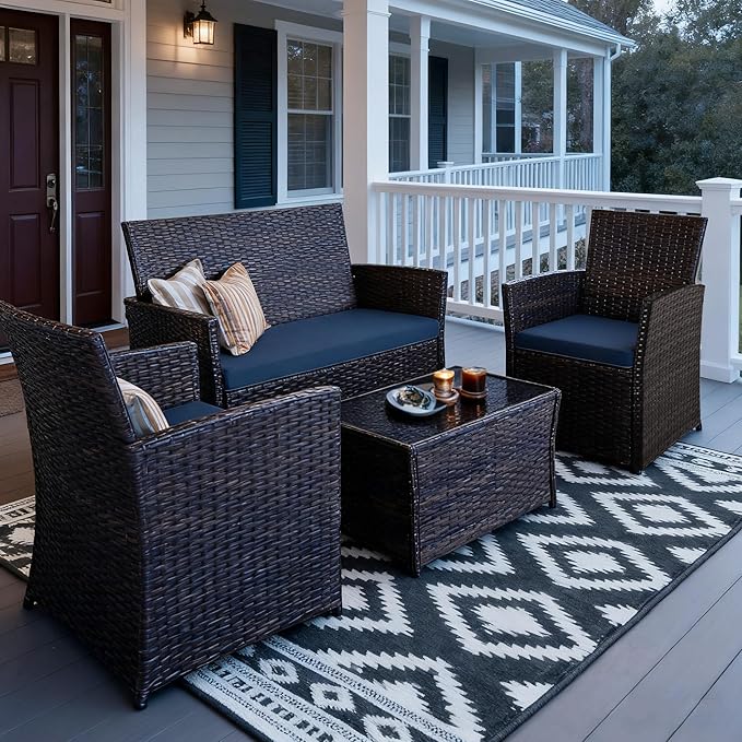 4 Piece Patio Furniture Set, Outdoor Wicker Conversation Set, Rattan Sectional Sofa Couch with Glass Coffee Table & Thick Cushion for Backyard, Porch, Garden, Poolside, Brown/Blue