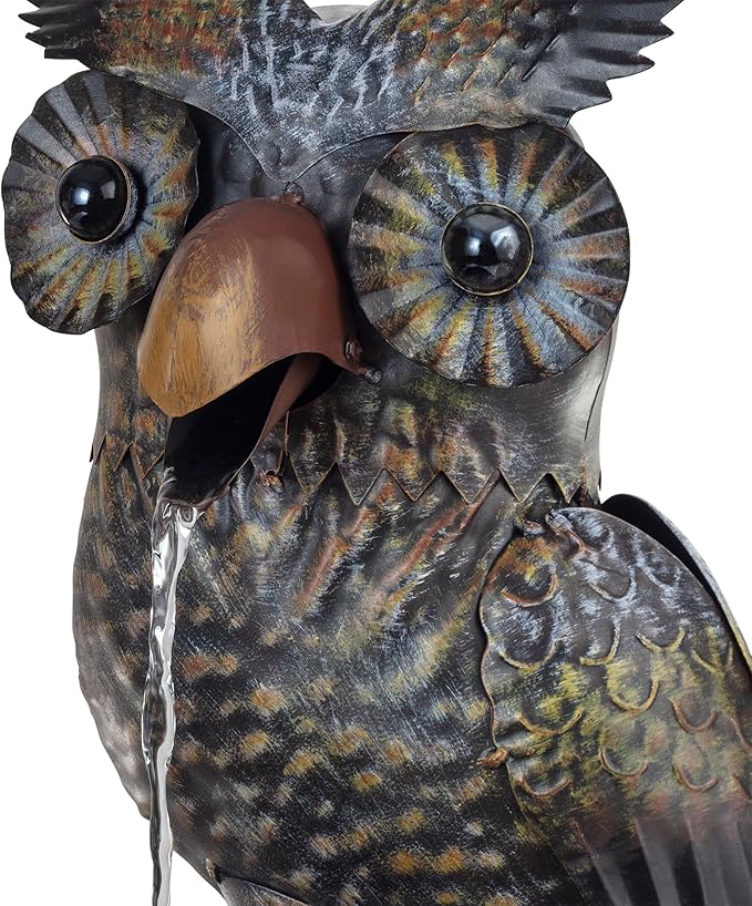 Alpine Corporation NCY294 23" Outdoor Floor Soothing Metal Water Fountain, Vintage Owl Garden Water Feature with Cascading Water for Patio & Backyard Décor, Brown