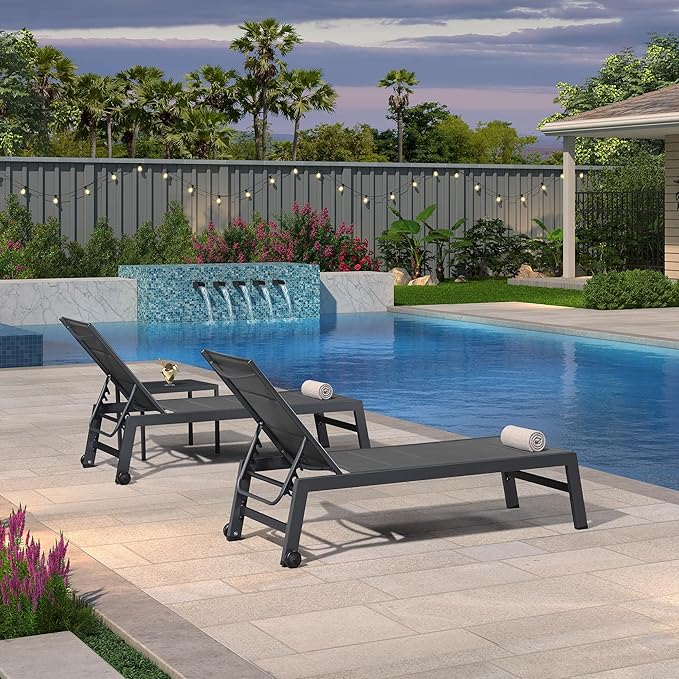 PURPLE LEAF Outdoor Chaise Lounge Set of 4 Aluminum Lounger with Wheels and Side Tables Recliner Chair for Backyard Poolside Grey Patio Lounge Chair