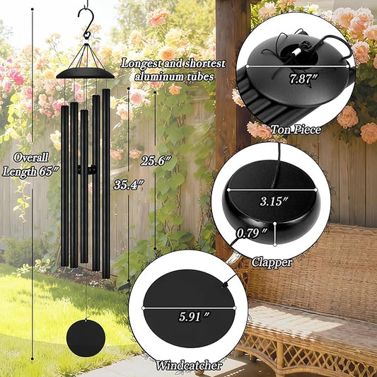 65" Extra Large Wind Chimes with Outside Deep Tone, 5 Thick and Bold Aluminum Tubes, Coolest Metal Windchimes Outdoors with Pine Wood Striker, Unique Gift for Mom, Garden Decoration(Black)