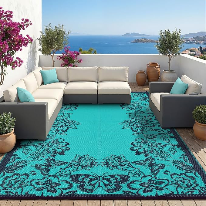Garvee Outdoor Rugs 8’x10’ Waterproof Reversible Mats, Large Area Plastic Straw Rug, Outside Carpet, Butterfly Floral Rv Mat for Patio Camping Picnic Backyard Deck Balcony Porch Beach Trailer