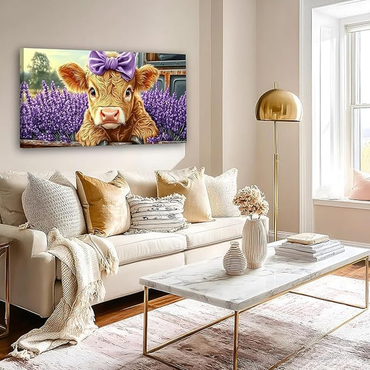 Haichuang Decor Art 40x20 Inch Highland Cow Canvas Wall Art, Cute Cow with Purple Bow & Lavender Field Print, Framed Ready to Hang for Living Room Bedroom Bathroom, Farmhouse Animal Wall Decor
