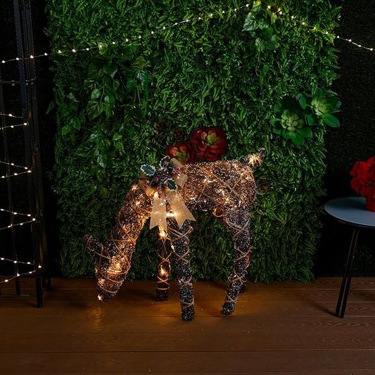 Alpine Corporation 29" Tall Natural Twig Wrapped Rattan Grazing Deer with Warm White LED Lights, Indoor/Outdoor Rustic Holiday Decoration, Brown