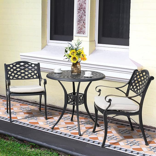 NUU GARDEN 3 Pieces Outdoor Patio Bistro Set, Cast Aluminum Patio Set with Umbrella Hole All-Weather Small Patio Table and Chairs for Balcony, Patio, Black and Beige Cushion