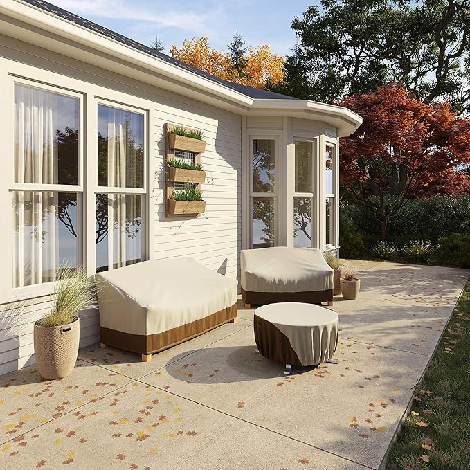 Amazon Basics 2 Seater Outdoor Couch Cover, Patio Furniture Cover, Waterproof, Anti-UV, Durable, Beige/Tan