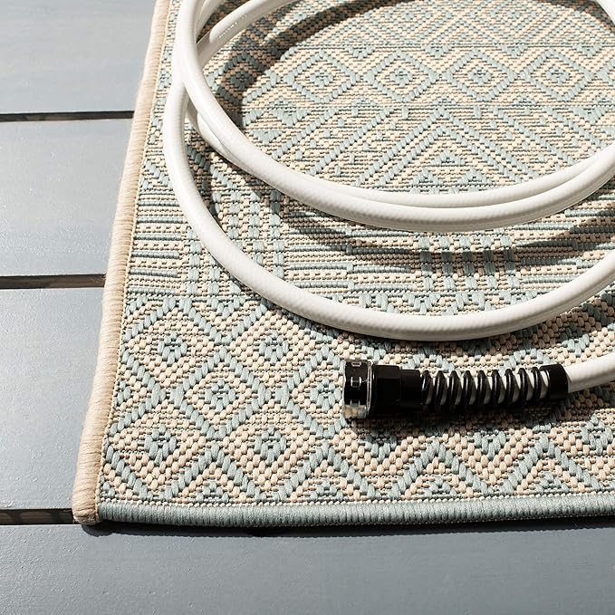 SAFAVIEH Washable Rug Outdoor Courtyard Collection - 4' Square, Beige & Aqua Blue, Non-Shedding & Easy Cleaning, Ideal for Patio, Backyard, Mudroom (CY6235-21312)