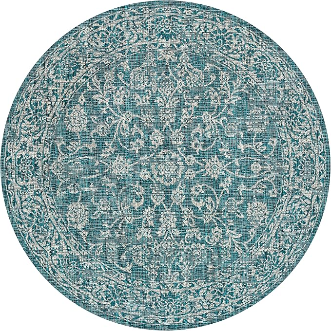 JONATHAN Y Weave Floral Indoor Outdoor Round Area Rug 4 Ft Teal/Gray, Tela Bohemian Textured for Backyard, Patio, Porch, Easy-Cleaning, High Traffic, Pet-Friendly, Non-Shedding (SMB100C-4R)