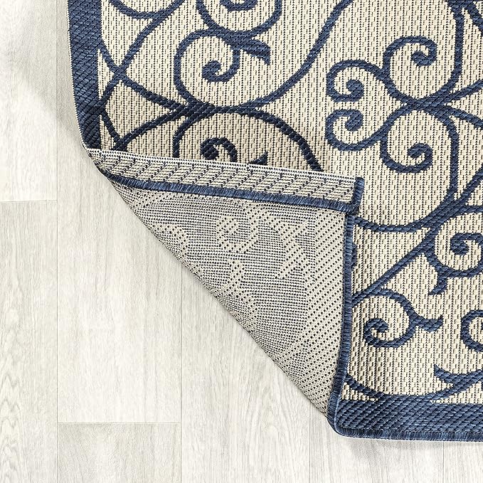 JONATHAN Y Vintage Filigree Indoor Outdoor Runner Rug 2X8 Navy/Beige, Madrid Textured Weave for Backyard, Patio, Porch, Easy-Cleaning, High Traffic, Pet-Friendly, Non-Shedding (SMB107G-28)