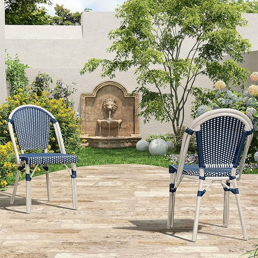 PURPLE LEAF Outdoor Dining Chair Set of 4 Aluminum Frame Wicker Rattan Chairs for Garden Kitchen White Print Finish Patio Chairs Deep Blue French Bistro Chairs