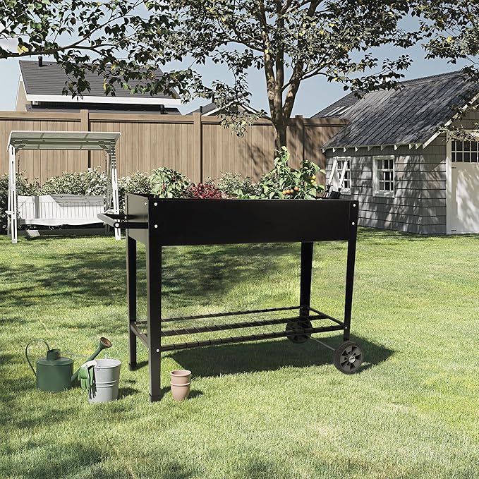 Home-Complete Raised Garden Bed - Planter Box with Storage Shelf for Growing Flowers, Vegetables, or Herb Garden - Gardening Supplies (Black)