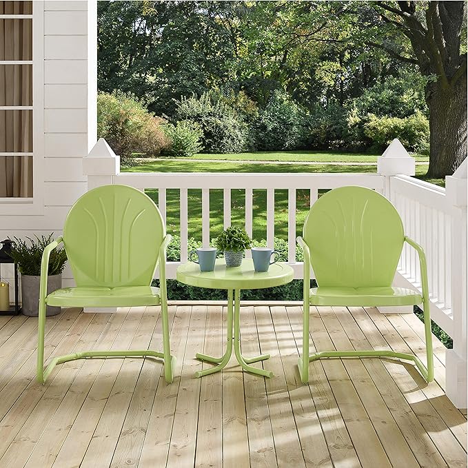 Crosley Furniture Griffith 3-Piece Outdoor Chair and Side Table Set, Retro Metal Bistro Patio Sets for Porch, Key Lime