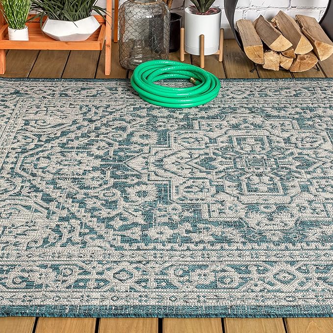 JONATHAN Y Medallion Weave Indoor Outdoor Area Rug 3X5 Teal Blue/Gray, Sinjuri Textured for Backyard, Patio, Porch, Easy-Cleaning, High Traffic, Pet-Friendly, Non-Shedding (SMB101C-3)